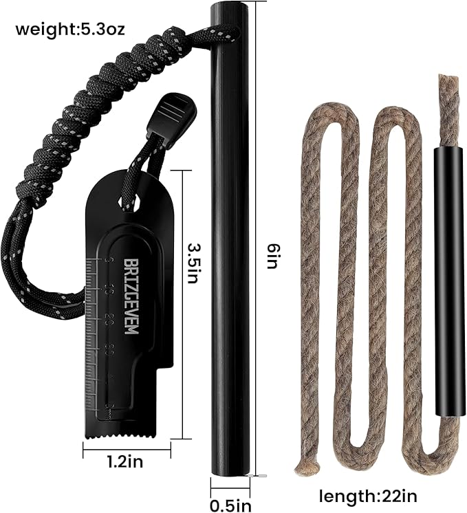 Waterproof Ferro Rod Fire Starter 6x1/2 in & 4x3/8 in, 15,000+ Strikes Flint Fire Steel with Paracord Multi-Tool Striker & Extra Waxed Tinder Cord for Camping, Hiking, Survival & Emergency