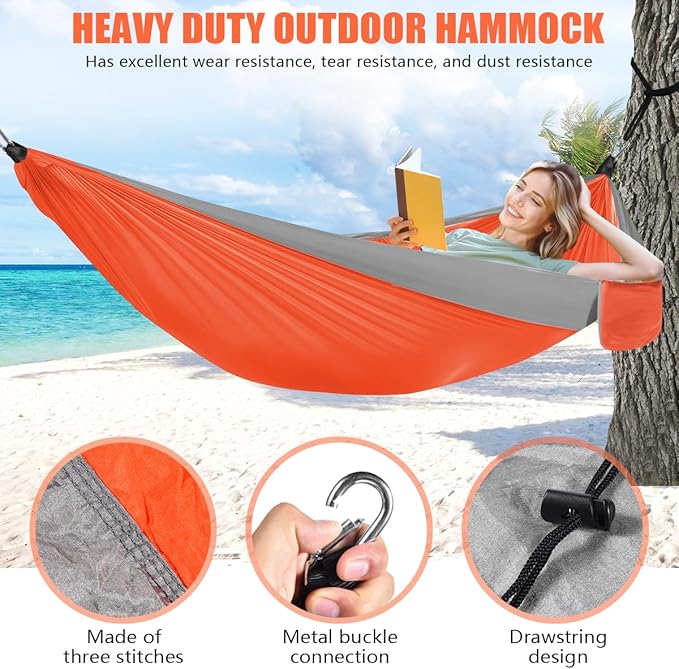 OBTANIM Camping Hammock 500lbs Portable Lightweight Single or Double Hammock with Tree Straps and Carry Bag for Camping Backpacking Hiking Travel Beach Outdoor Indoor (Gray and Orange)
