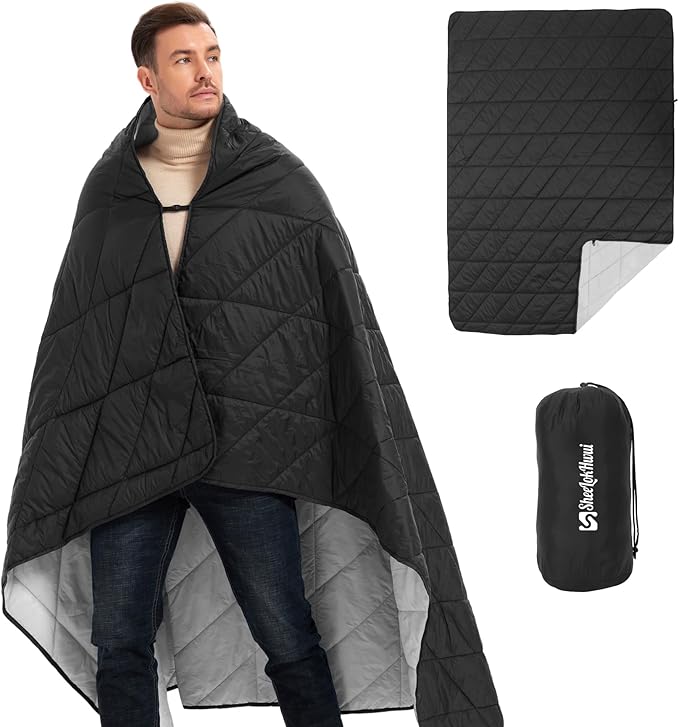 Outdoor Puffy Blanket, Reversible Warm Camping Blanket, Water-Resistant, Packable, Lightweight, Camping Quilt, for Stadium, Backpacking, Hammock, Picnic. 79"x55". Black.