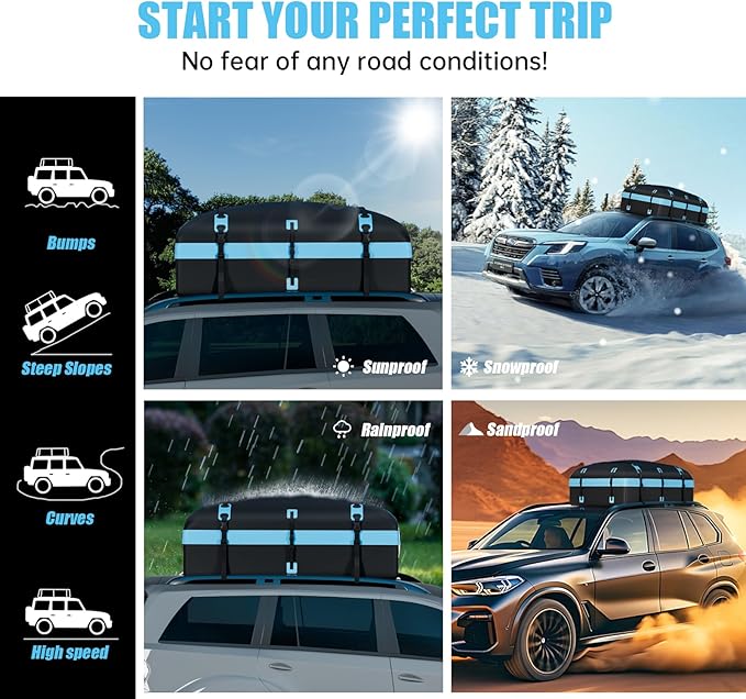 Car Rooftop Cargo Carrier Bag, 30 Cubic Feet Waterproof Soft-Shell Car Roof Bag for All Vehicle with/Without Roof Rack, Include Anti-Slip Mat, Reinforced Straps, Door Hooks and Luggage Lock, Blue