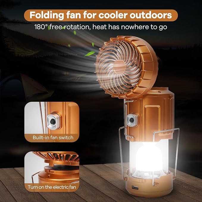 5-in-1 Solar Light and Fan (Gold) - Rechargeable Lantern with Phone Charger & Portable Power for Hurricane, Emergency, Camping, Power Outage