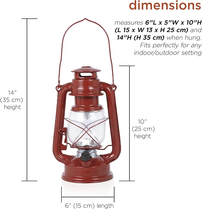 Alpine Corporation 10" H Indoor/Outdoor Metal and Glass Hurricane Lantern with Dimmable LED Lights, Red