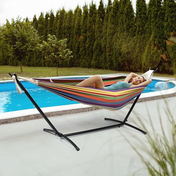 ONCLOUD 550 LBS Capacity Double Hammock with Stand Included with Portable Carrying Bag, Heavy Duty 2-Person Hammock for Outdoors & Indoors - Desert Stripe, Series TDCTZ1 - Rainbow Stripe