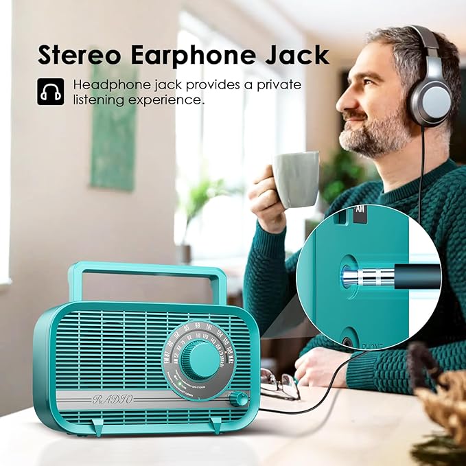 Portable AM FM Radio with Bluetooth, Plug in Wall and Play, or AA Battery Operated Radios, Best Reception Vintage Retro Radio Built in Clear Speaker Headphone/AUX in Jack Turquoise
