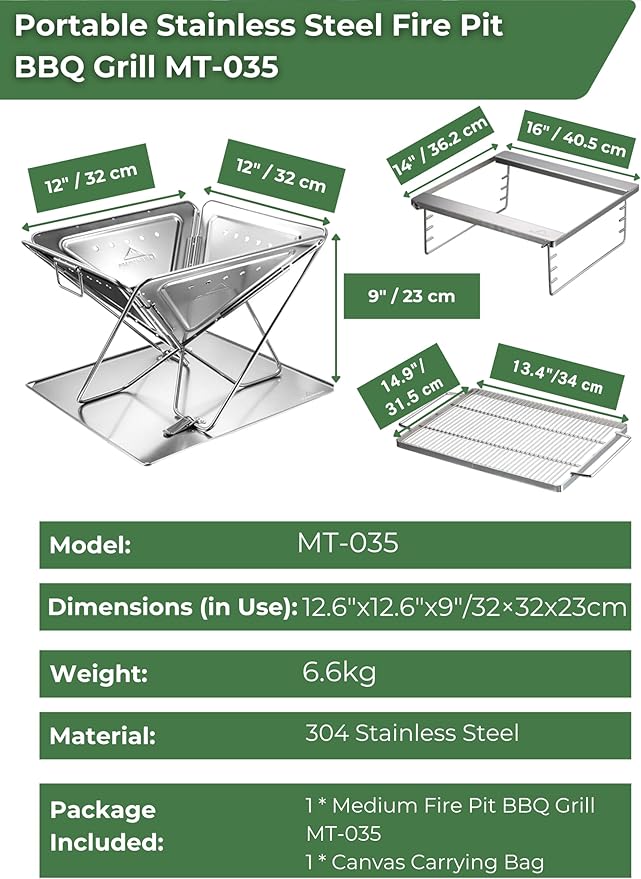 CAMPINGMOON 3 in 1 Portable Fire Pit 12 inch Foldable Stainless Steel Wood Burning Camping Stove BBQ Grill for 3 People Adjustable Height Outdoor Cooking Campfire Carry Bag included MT-035