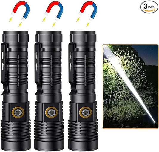 Hoxida LED Rechargeable Flashlights High Lumens - 1500 Meters Long Beam Super Bright LED Magnetic Flashlight USB Zoomable 5Modes Small Long Beam Spotlight Flashlight for Hiking, Camping, 3pcs