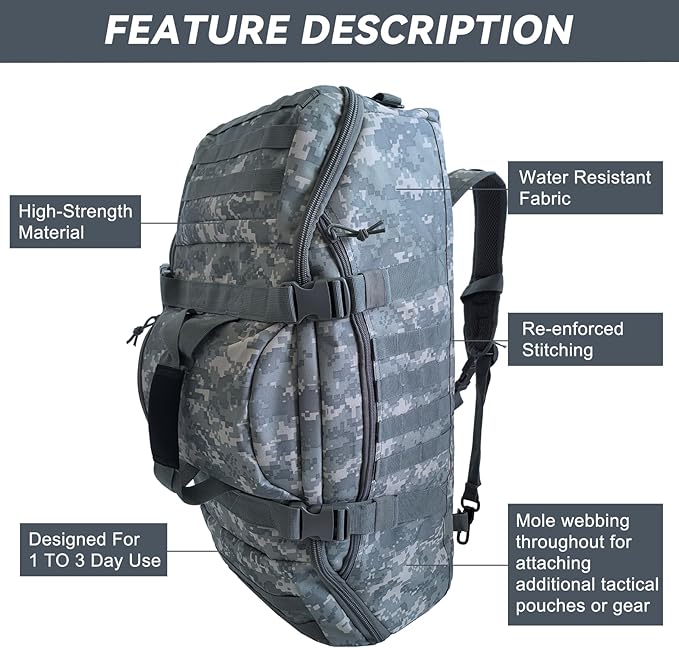 Hannibal Tactical 65L Large Duffle Bag, 3-in-1 Tactical Backpack MOLLE Pack for Sports, Gym, Outdoor, ACU