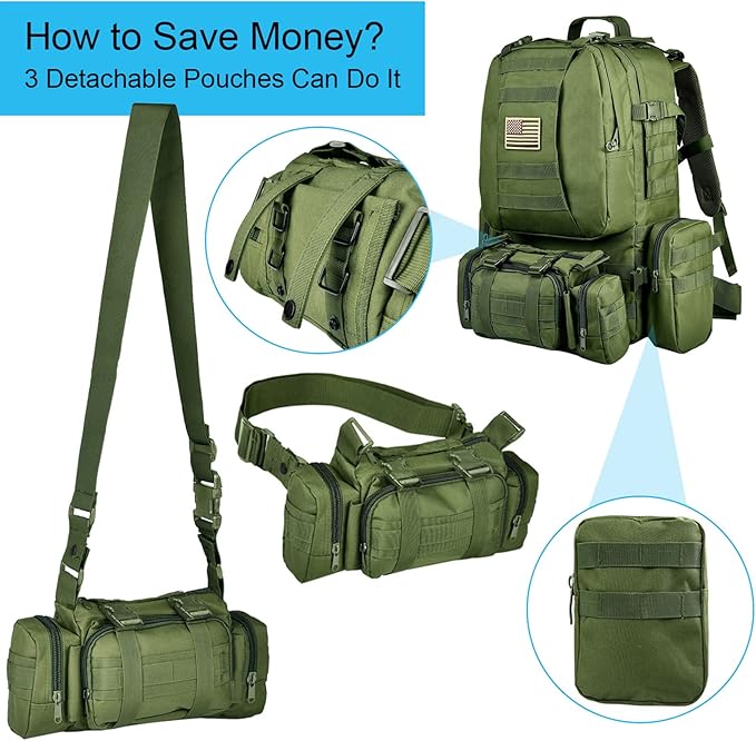 CVLIFE Tactical Backpack Military Army Rucksack 60L Large Assault Pack Detachable Molle Bag, Army Green
