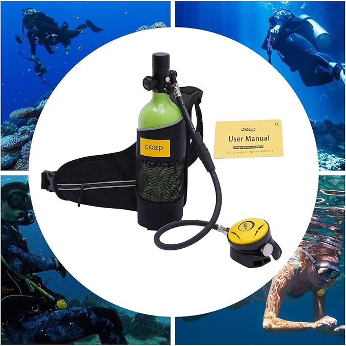 Mini Scuba Tank 1L Portable Refillable Oxygen Cylinder for Diving, 15-20 Mins Underwater Dive Gear with Pressure Gauge, Emergency Valve, for Snorkeling & Backup Air Source