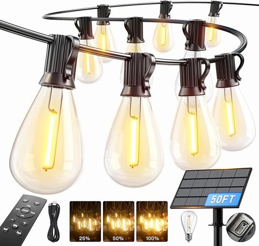50FT Solar String Lights Outdoor Waterproof, 18+1 LED Solar Powered Lights with Remote Control, 3 Light Modes & Dimmable, USB-C Charging for Patio, Backyard, Garden, Camping