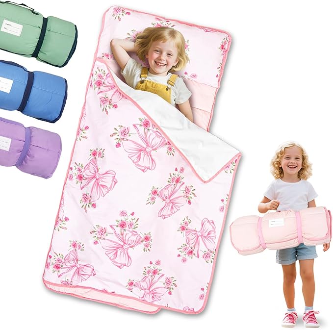 Primlect Lightweight Toddler Nap Mat, Portable Rolled Design Perfect for Daycare Travel, 51”x31 All-in-One Sleeping Bag with Removable Pillow and Fleece Blanket for Boys Girls, Machine Washable
