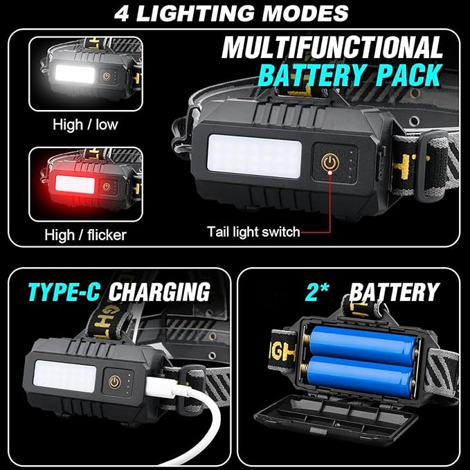 Headlamp Rechargeable 5000 High Lumen: Super Bright LED Head Lamp with Motion Sensor, 9 Modes, IPX7 Waterproof, 90°Adjustable, Zoomable Headlight for Adults Hunting Camping Hiking Running