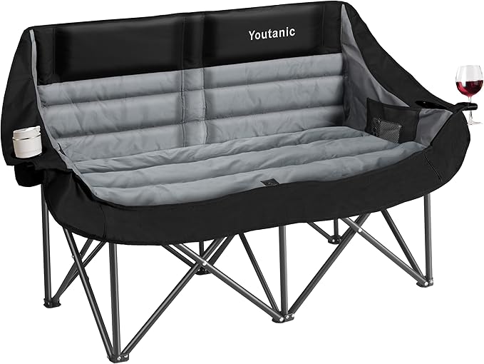 Youtanic Oversized Double Camping Chair, Folding Loveseat Camping Couch with Pocket, Cup Holder and Carry Bag, Heavy Duty Portable Camping Chairs for Adults, Fishing, Sports, Trip, up to 660lbs, Black