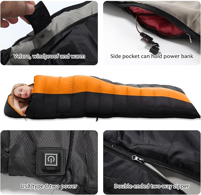 Longzhuo Heated Sleeping Bags for Adults Kids - Portable USB Power Warm Sleeping Bag for Camping with 4 Heating Zones, Cold Weather Sleeping Bag for All Season Camping Hiking Backpacking