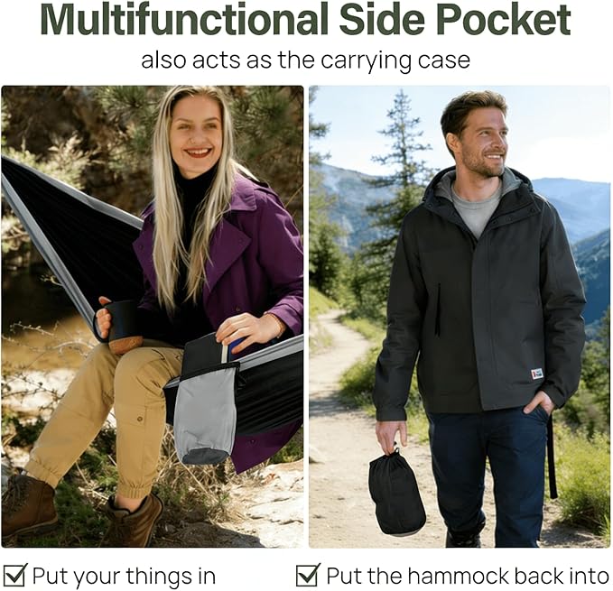 Camping Hammock, Portable Hammocks with Tree Straps & Attached Carry Bag, Camping Essentials Gear, Perfect for Outside Indoor Hiking Beach Backpack Travel