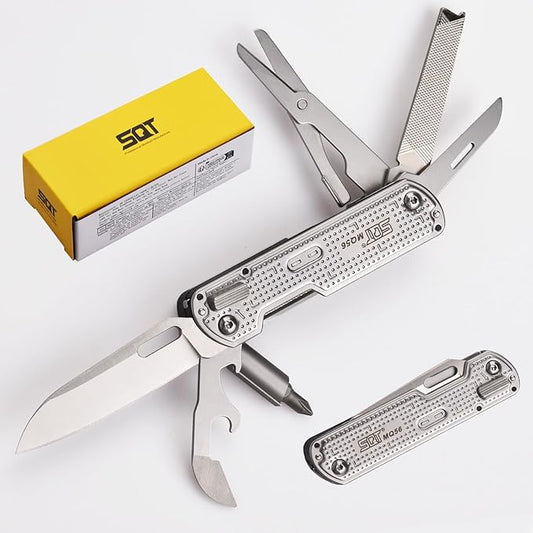 SQT2056 13-in-1 Multitool Knife with Glass Breaker, Survival Knife for Outdoor, Camping, Hiking, Emergency - Portable Scissors, Screwdrivers, Can Opener for EDC, Work & Adventure