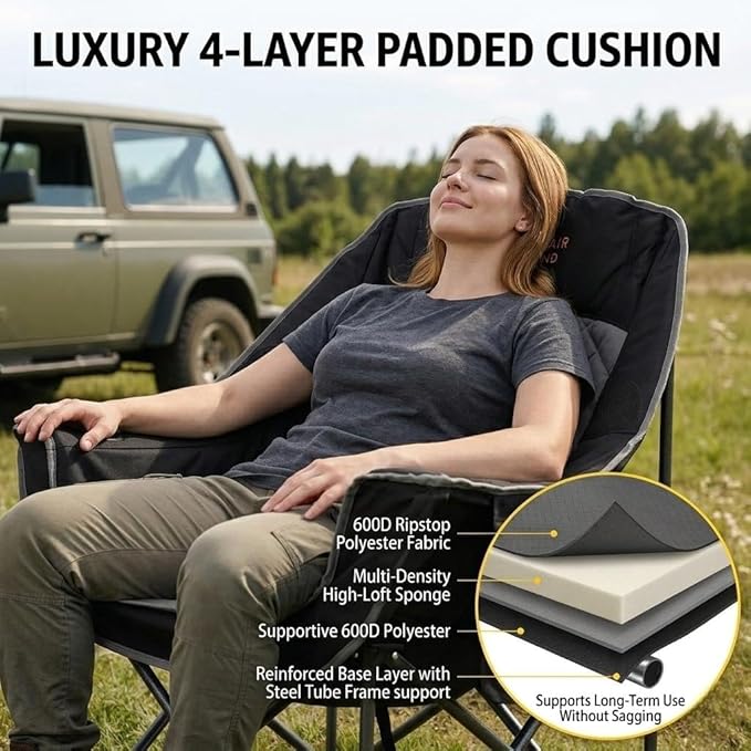 FAIR WIND Oversized Padded Camping Chair Heavy Duty Quad Fold Arm Chair Portable for Outdoor - Support 500LBS, Black