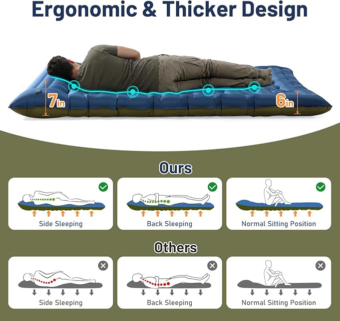KASBAH Double Inflatable Camping Sleeping Pad,Thick 6 inch 2 Person Ultralight Sleeping Mat with Built-in Foot Pump and Pillow,Camping Essentials for Hiking,Backpacking,Traveling, Tent