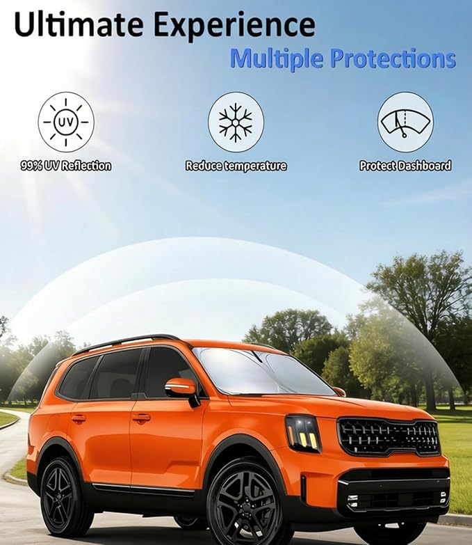 Windshield Sun Shade for Kia Telluride 2020-2025 Accessories, Car Front Window Sun Visor & Heat Shield | 240T Sunshade Protection Blocks UV Rays Keep Your Car Cooler