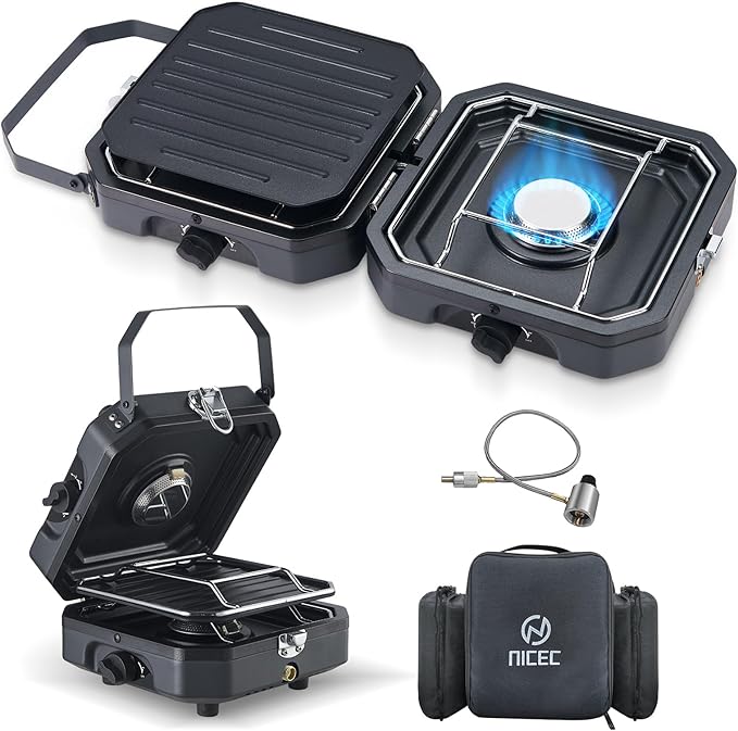 Nice C Camping Stove, Portable Camping Stove Propane, 2 Burner Propane Gas Stove, Mini Propane Grill, 16000 BTU Camp Stove with 2 Burner, Grill & Carry Bag for Camping