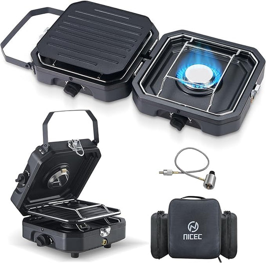 Nice C Camping Stove, Portable Camping Stove Propane, 2 Burner Propane Gas Stove, Mini Propane Grill, 16000 BTU Camp Stove with 2 Burner, Grill & Carry Bag for Camping