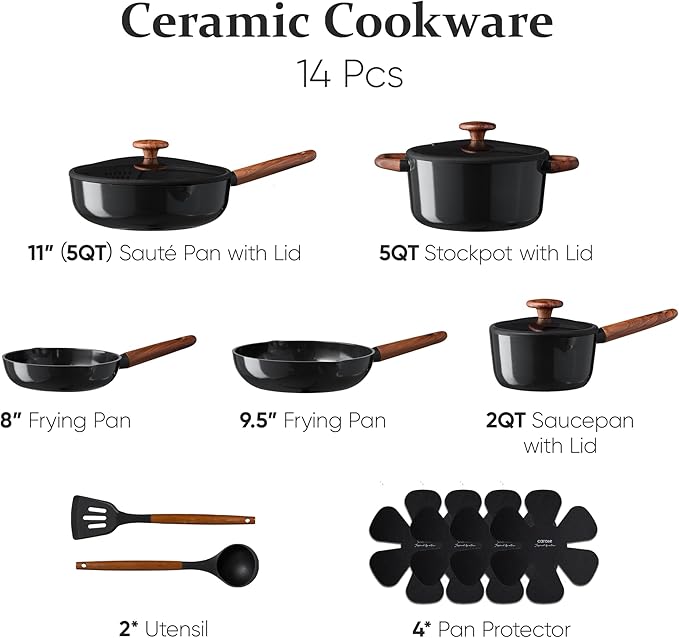 CAROTE ceramic cookware set,nonstick pots and pans，14PCS Non Toxic Healthy Non Stick Kitchen Cooking Pots and Frying Pans Set, PFAS PTFE Free
