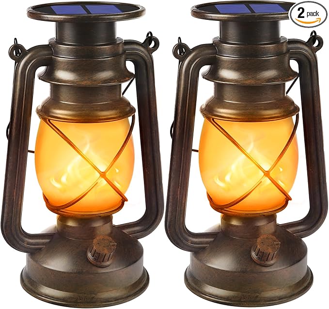Wondrastical Solar Lanterns Outdoor Waterproof, 2 Pack Flickering Flame LED Hanging Lantern, Bronze Vintage Solar Powered Decorative Lights for Patio Porch Garden Yard Pathway Camping