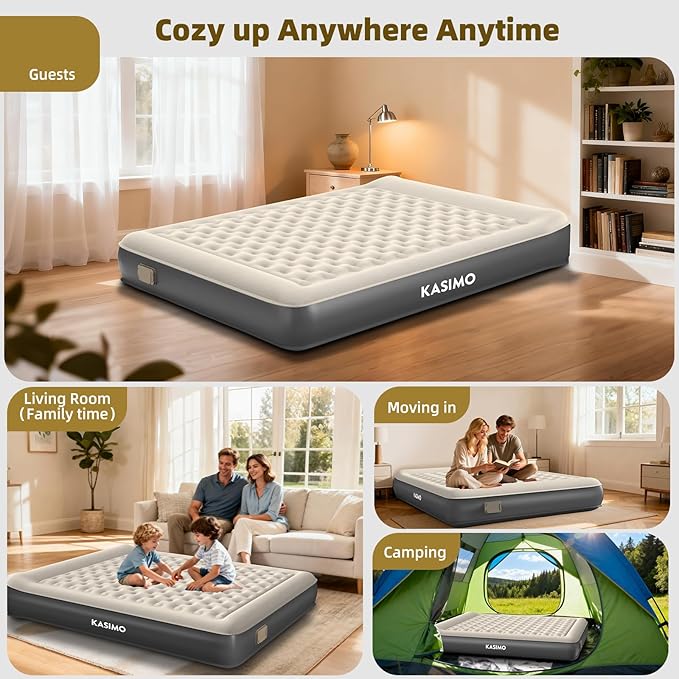 KASIMO Air Mattress Queen with Built-in Battery Powered Removable Pump, TPU Blow Up Mattress with Pillow, Strong Support All Night, No Lost Air,Compact Inflatable Air Bed for Home Guests Camping