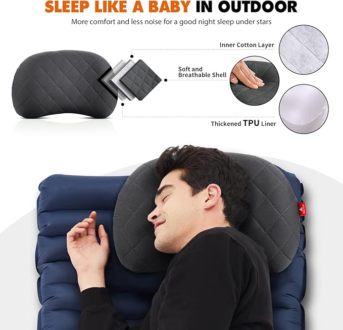 Hikenture Camping Pillow with Removable Cover, Ultralight Inflatable Backpacking Pillow for Sleeping, Blow Up Pillows, Portable&Compact Hiking Pillow for Beach, Travel, Outdoor(Grey)