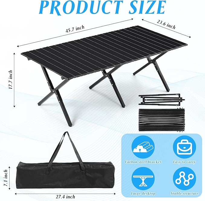 Suzile 2 Pack 4FT Folding Camping Table, Roll Up Portable Camp Table with Carry Bag, Low Collapsible Lightweight Aluminum Outdoor for Camping, Picnic, Beach, Patio, Kitchen(Black)
