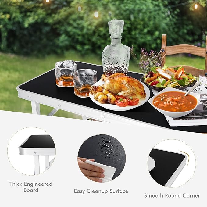 COSTWAY Folding Picnic Camping Table, Portable Lightweight Aluminum Table with Carry Bag, Food Prep Station with 2 Shelves, Quick Set-up, Outdoor Camping Table for BBQ, Party, Backyard (Black)