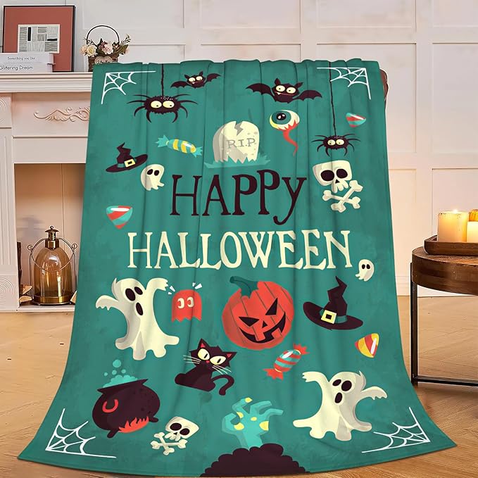 Happy Halloween Blanket Soft Ghost Bat Throw Blanket Spooky Decor Warm Lightweight Flannel Fleece Plush Bedding Halloween Blanket Gifts for Girls Boys Women Adults 40"x50"