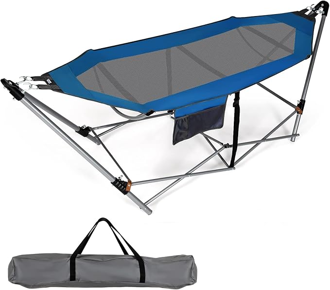Portable Folding Hammock w/Side Pocket, Lounge Camping Bed w/Metal Stand & Anti-tip Buckles, Outdoor Camping Hammock with Carrying Bag for Patio Garden Yard, Easy Assembly (Blue)