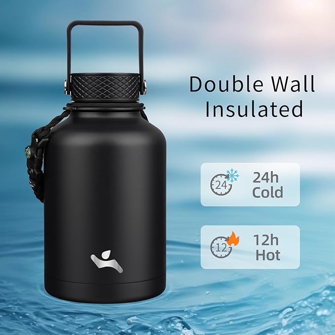 Konokyo Insulated Water Bottle with Straw,50 oz 3 Lids Water Jug with Carrying Bag,Paracord Handle,Double Wall Vacuum Stainless Steel Metal Flask,Black