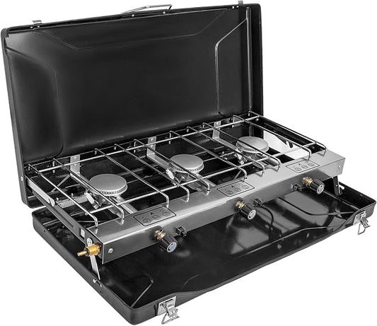 FineFlame 3-Burner Propane Camping Stove, Portable Camp Stove with Adjustable Burners and Push-Button Instant Ignition, Portable Camping Grill, Built-in Carrying Handle for Outdoor Cooking (19800 BTU)