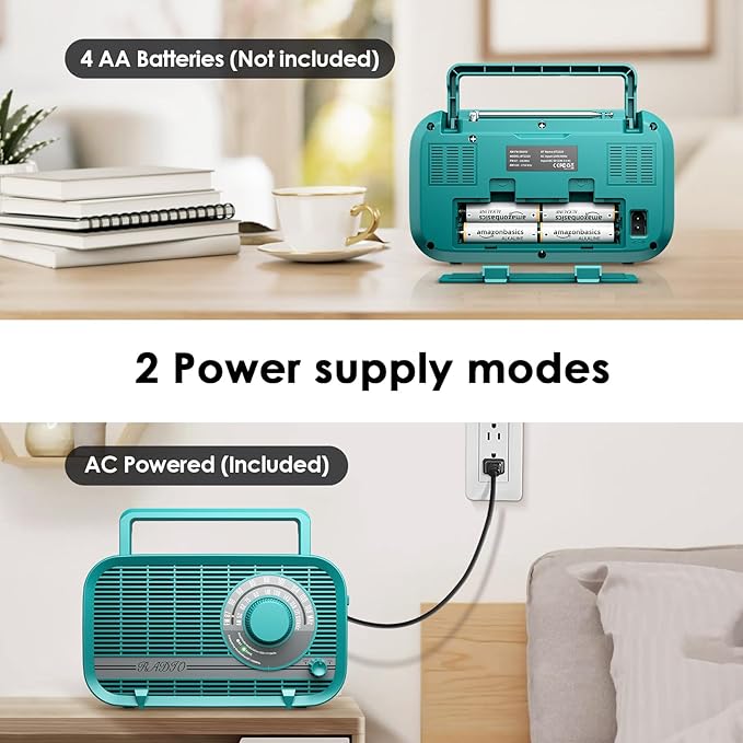 Portable AM FM Radio with Bluetooth, Plug in Wall and Play, or AA Battery Operated Radios, Best Reception Vintage Retro Radio Built in Clear Speaker Headphone/AUX in Jack Turquoise