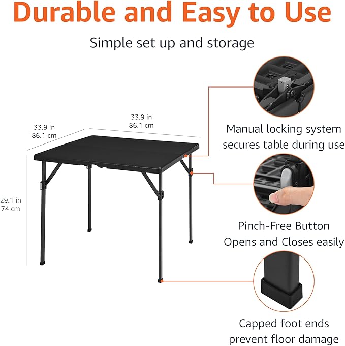 Amazon Basics 34 inch Portable Sturdy Folding Dining Table with Carrying Handle, Space Saving Storage, Square, 33.9 x 29.1 x 33.9 inch, Black | Folding, Portable, with Carrying Handle