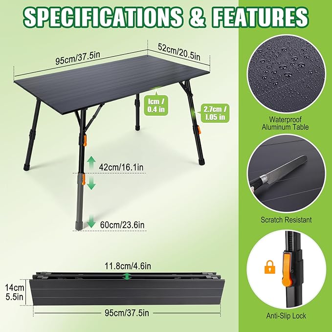 Portable Camping Table Foldable: No-Assembly Aluminum Folding Camping Table with Height Infinitely Adjustable & Carry Bag - Camp Table for Camping, Picnic, Beach, RV, BBQ
