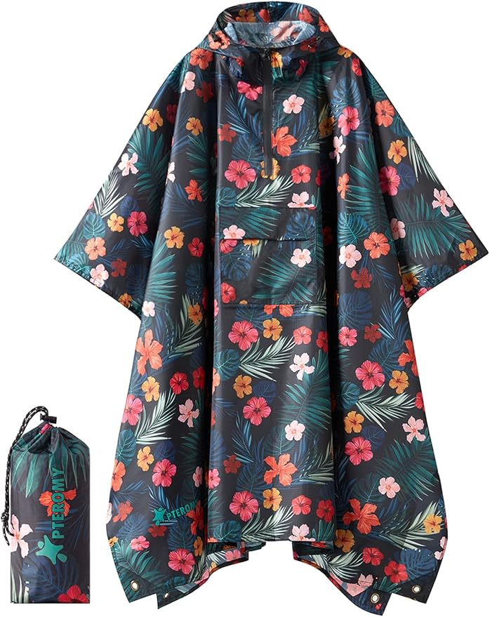 PTEROMY 3-in-1 Hooded Rain Poncho for Adult with Pocket, Waterproof Lightweight Unisex Raincoat for Hiking Camping Emergency