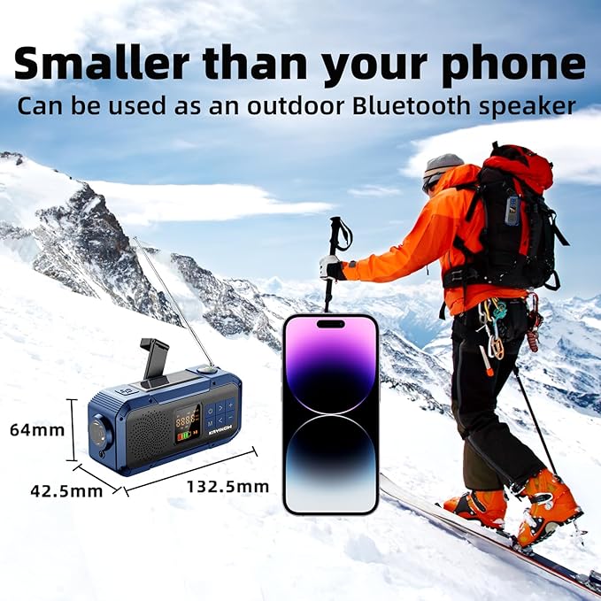 Hand Crank Emergency Radio with Bluetooth,AM/FM/NOAA,2000mAh Backup Battery,Solar & USB Power,Weather Radios for Home,IPX5 Waterproof,Shock-Resistant,with Flashlight and SOS for Camping Survival