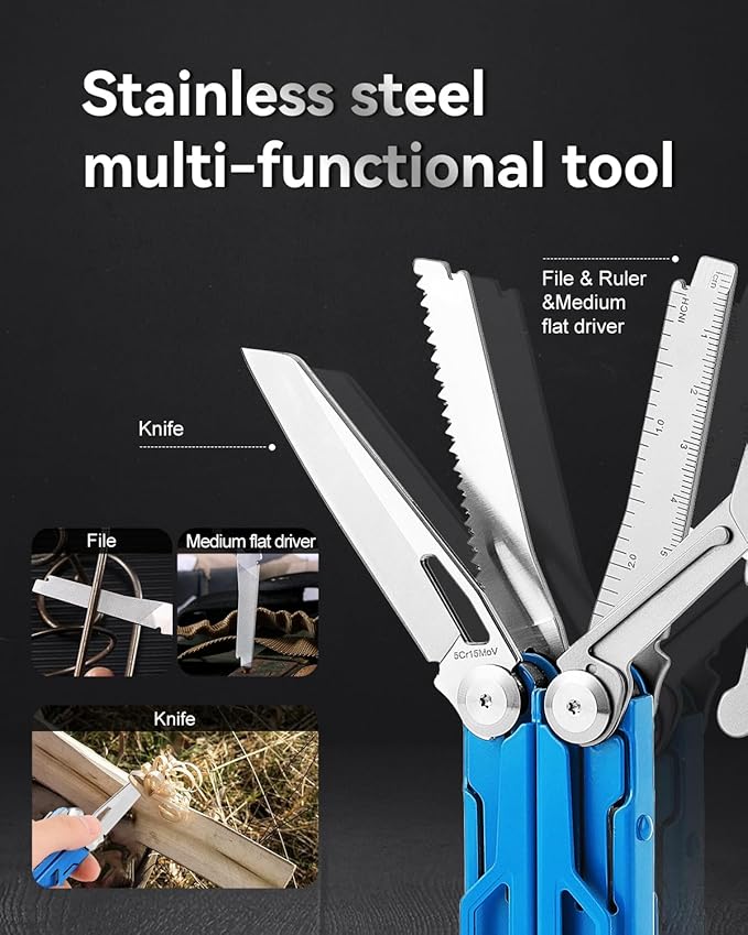Multitool 15-in-1 Stainless Steel Multi Tool Pliers with Knife, Spring-Action Pliers and Scissors, Multitool for Survival, Camping, Hiking, Gifts for Men (Blue)
