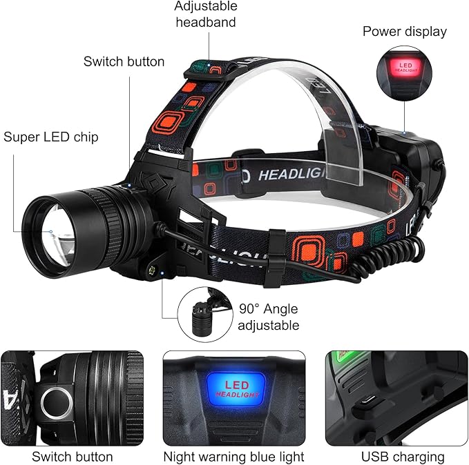SKNSL Rechargeable Headlamp, 99000 Lumens Super Bright LED Head Lamp with 3 Modes, 90° Adjustable Head Lights for Forehead, 45H Long Runtime & IPX6 Waterproof HeadLamps for Camping Hunting Hiking