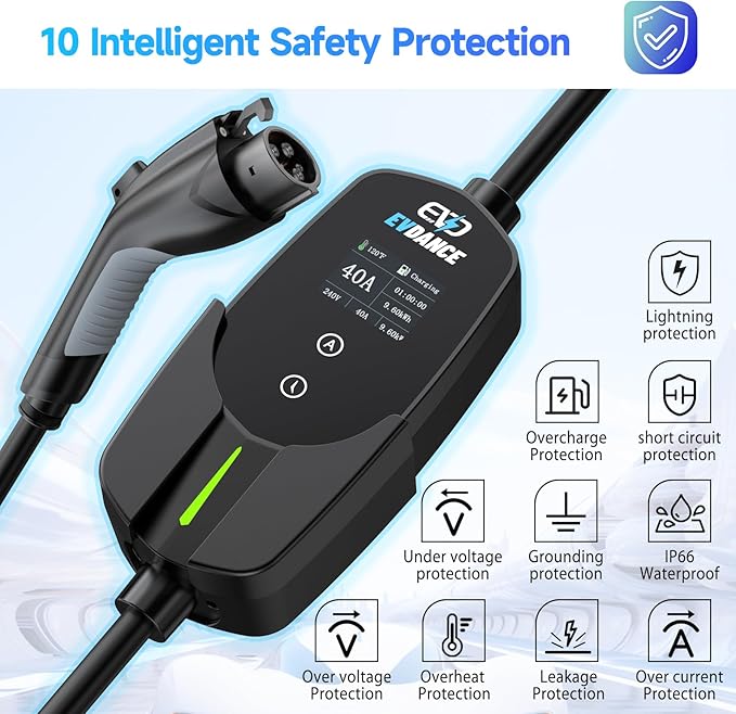 EVDANCE Level 2 EV Charger 40Amp, 240V 9.6KW Portable Electric Vehicle Charging Stations with NEMA 14-50P, 25FT Cable Adjustable Current/Timing Delay Home Electric Car Charger for J1772 BEVs/PHEVs