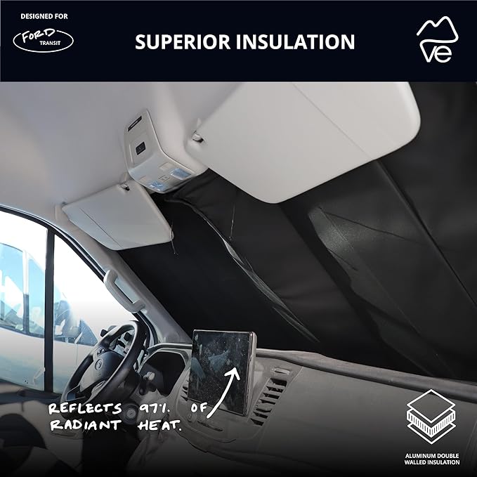 VanEssential Insulated Stealth Blackout Window Cover Designed for Ford Transit High/Medium Roof Front Windshield - Black
