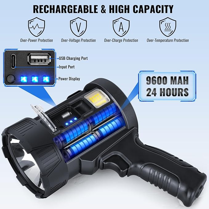 Sigoobal Rechargeable Spotlight,2000000 LM Super Bright Handheld Spot Light LED Flashlight High Lumens,Powered Spotlight Large Searchlight Outdoor with Solar Panels for Boating Camping Hunting