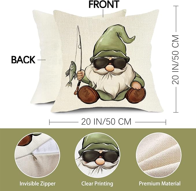 Happy Camper Gnome Green Decorative Throw Pillow Covers 20 x 20 Set of 4, Camping Life is Better Around The Campfire Porch Outdoor Home Decor, Adventure Campsite Mountain Couch Cushion Case