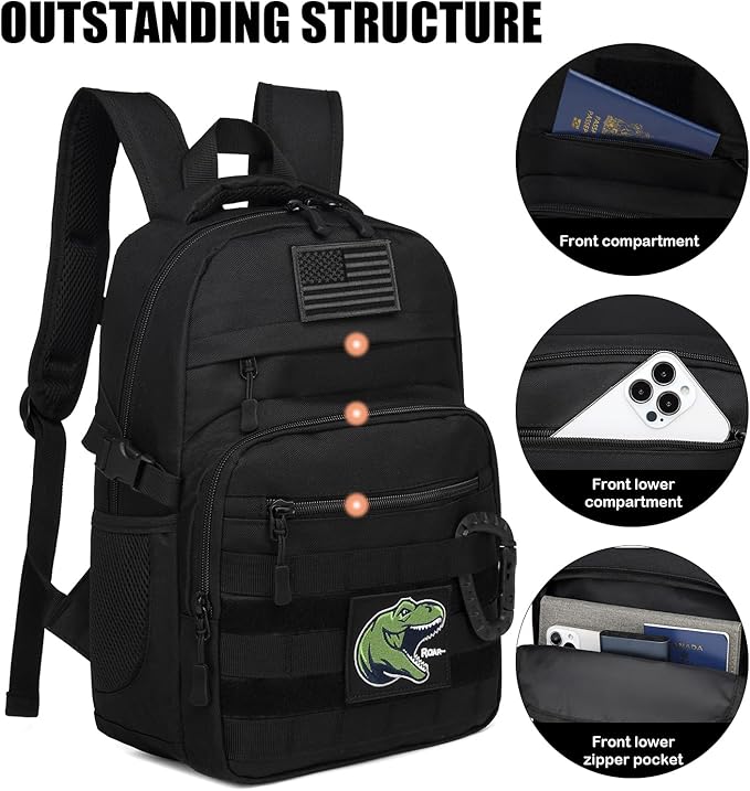 Kids Tactical Backpack Army Molle Bookbag Military Boys Backpack for School, Outdoor, Camping (Includes 2 Patches +1 Carabiner), Black