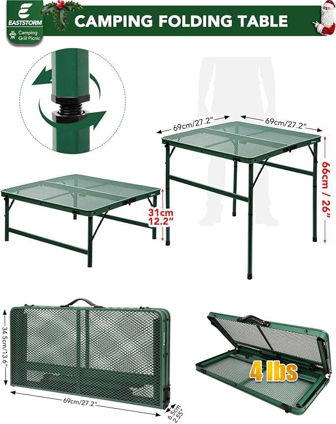 Square Folding Card Table with Adjustable Height (12" & 26"), Green Portable Metal Mesh Table for Camping, BBQ, Picnic, Game, Patio & Indoor Use, Fits 2–4 People, Lightweight 7.6 lb, Supports 66 lb
