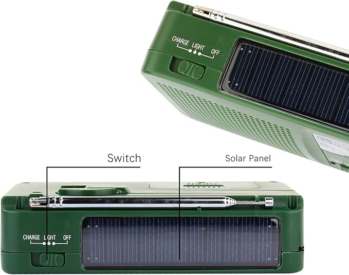 Emergency Radio with Solar and Hand Crank Self Powered, Battery USB Recharging FM/AM Radio LED Flashlight Cell Phone Charger(Green)