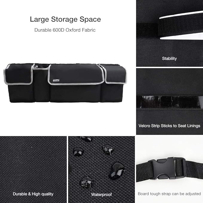 Backseat Trunk Organizer for SUV & Car - Hanging Organizer Foldable Cargo Storage Bag with 4 Pockets Adjustable Strap Durable Cover and Fit for Most Vehicles